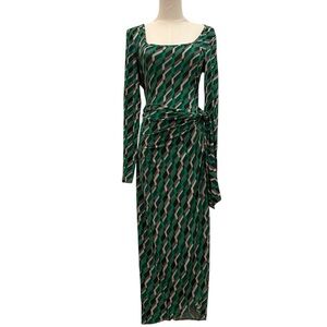 Saint + Sophia Wrap Dress | Green & Black | Geometric | Long Sleeve | Size 6